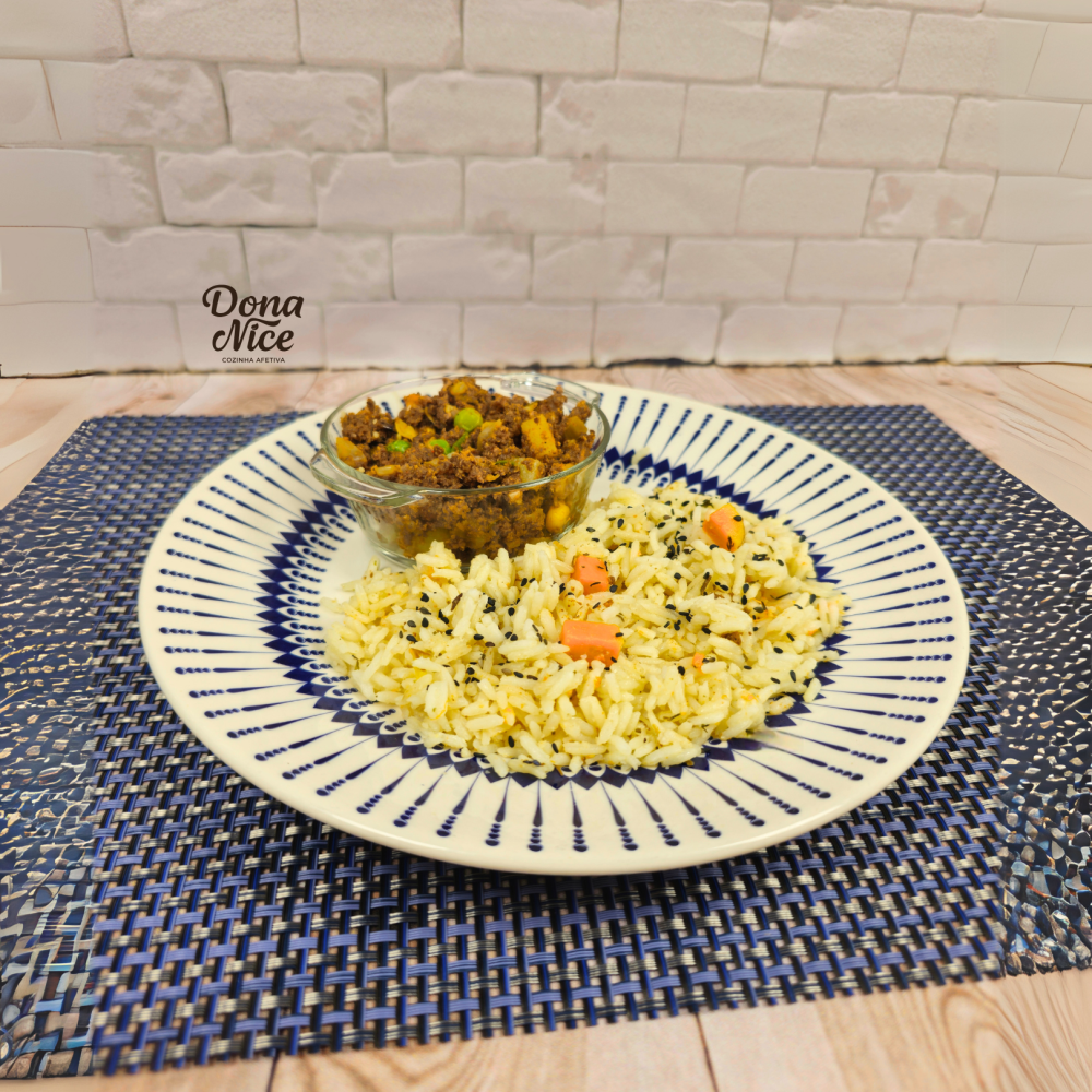 carne à primavera e arroz c jerimum